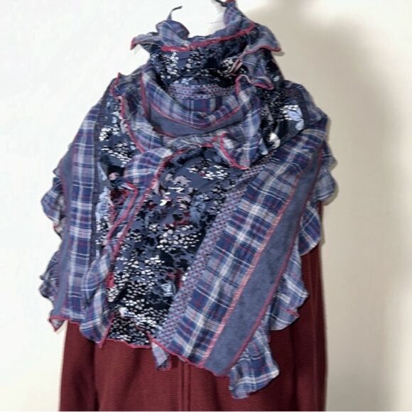 BONITA Navy Burgundy Gray Plaid Velour Floral Patchwork Ruffle Scarf Wrap - Picture 2 of 10